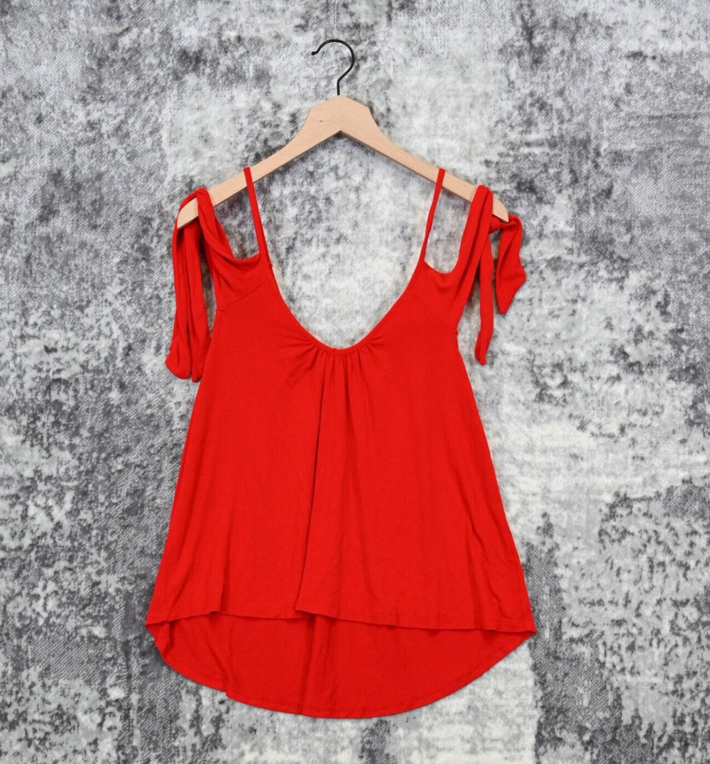 Free People Top XS Womens Red Cold Shoulder Strappy Tie Sleeve Shirt